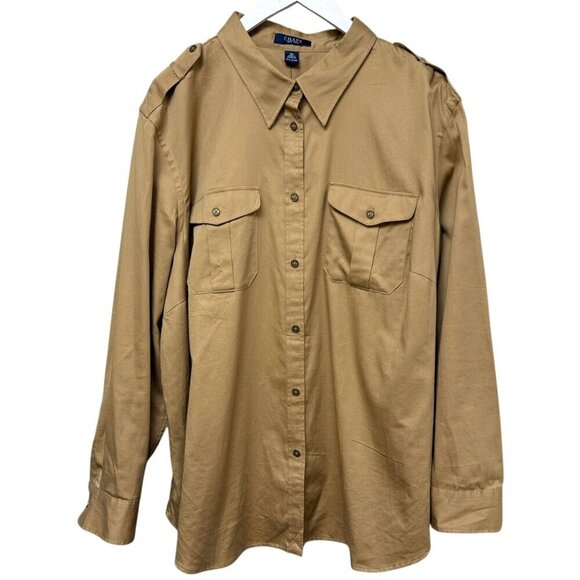 CHAPS Khaki Shirt Plus Size 3X Safari Utility Top Womens Button Up Cotton - Picture 1 of 8